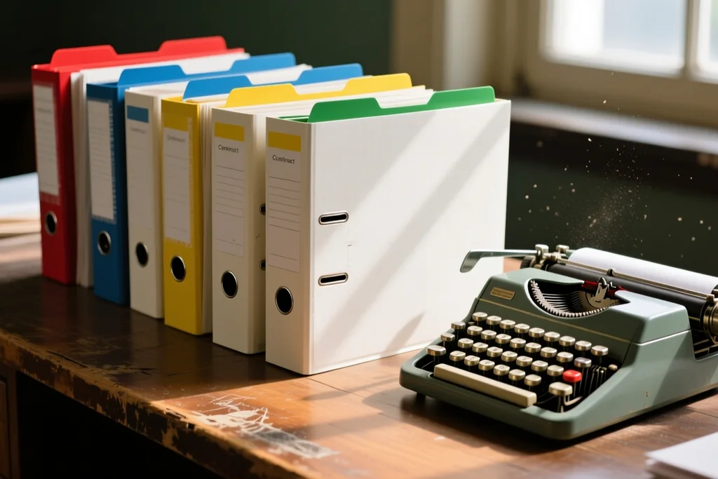 Row of blank contract folders with coloured tabs stacked on a wooden desk