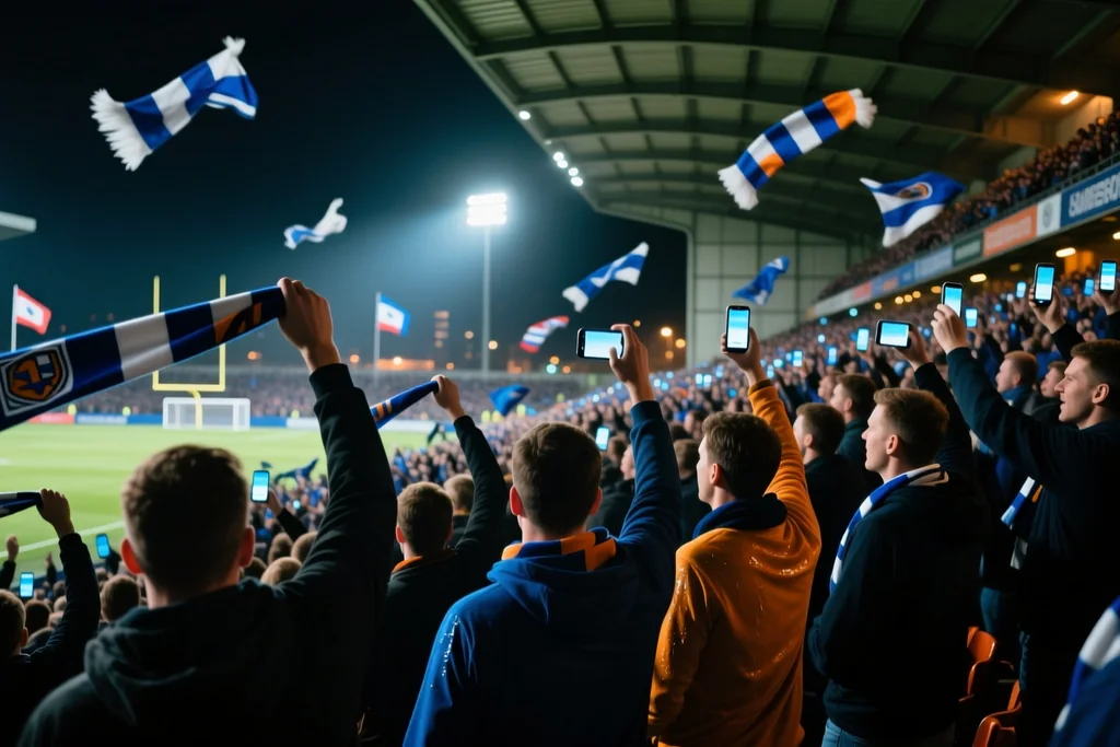 Stadium stand at night with supporters in the foreground and floodlit pitch beyond
