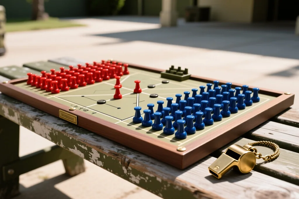 Tactics board with red and blue magnetic chips on a bench beside a whistle