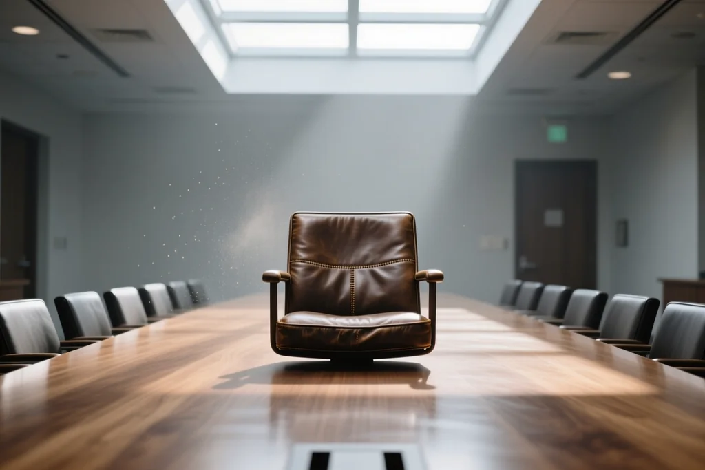 Single chair at the end of a long empty conference table under a skylight