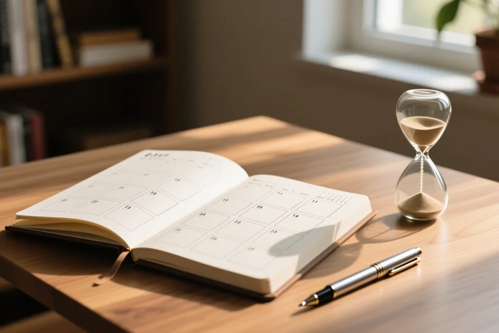 Calendar planner with blank boxes beside a small hourglass and a pen