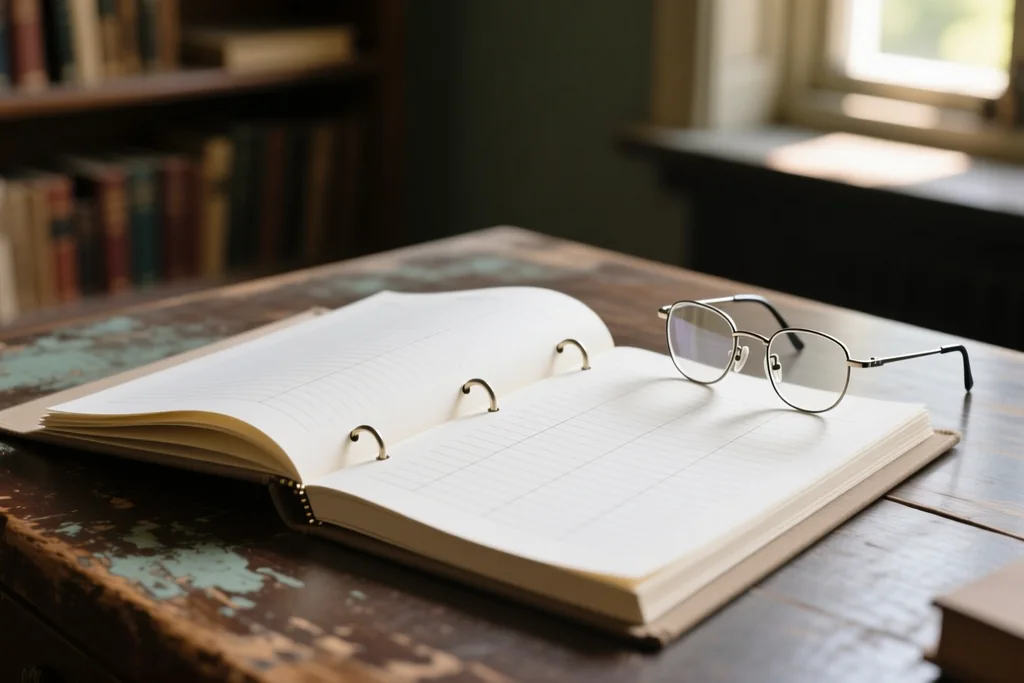 Open binder with blank tabulated pages on a wooden desk beside glasses