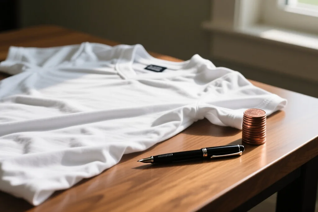 Plain football shirt on a table beside a small stack of coins and a pen