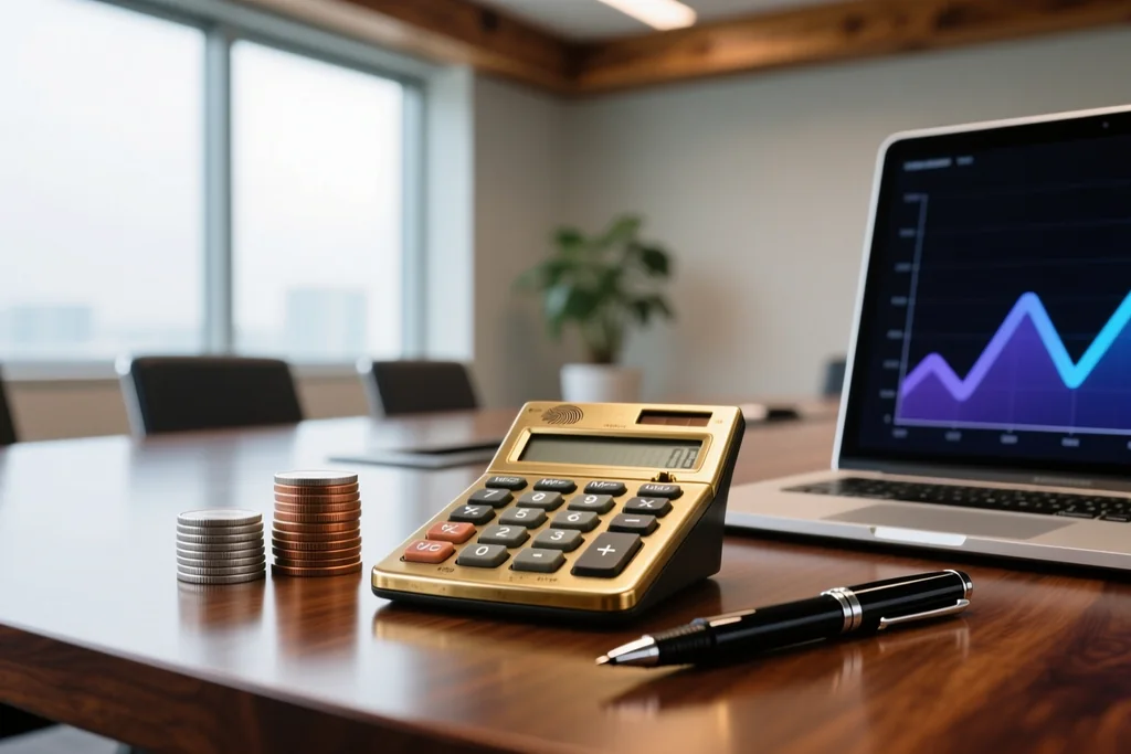 Calculator, coins and a pen on a meeting table beside a laptop showing an abstract chart