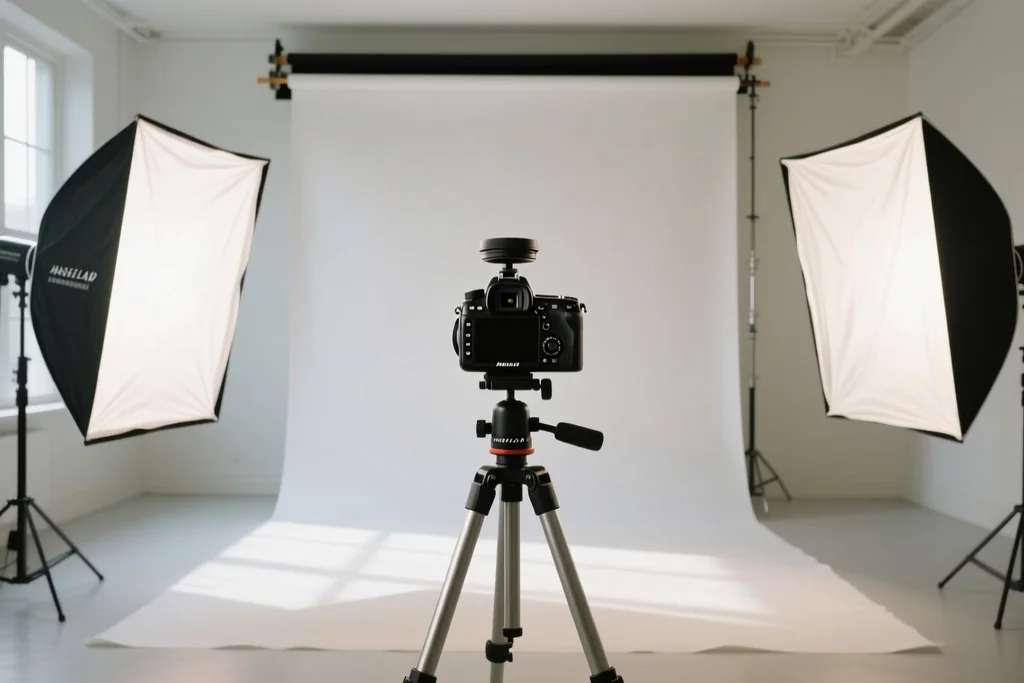 Studio backdrop with two softboxes and a camera on a tripod