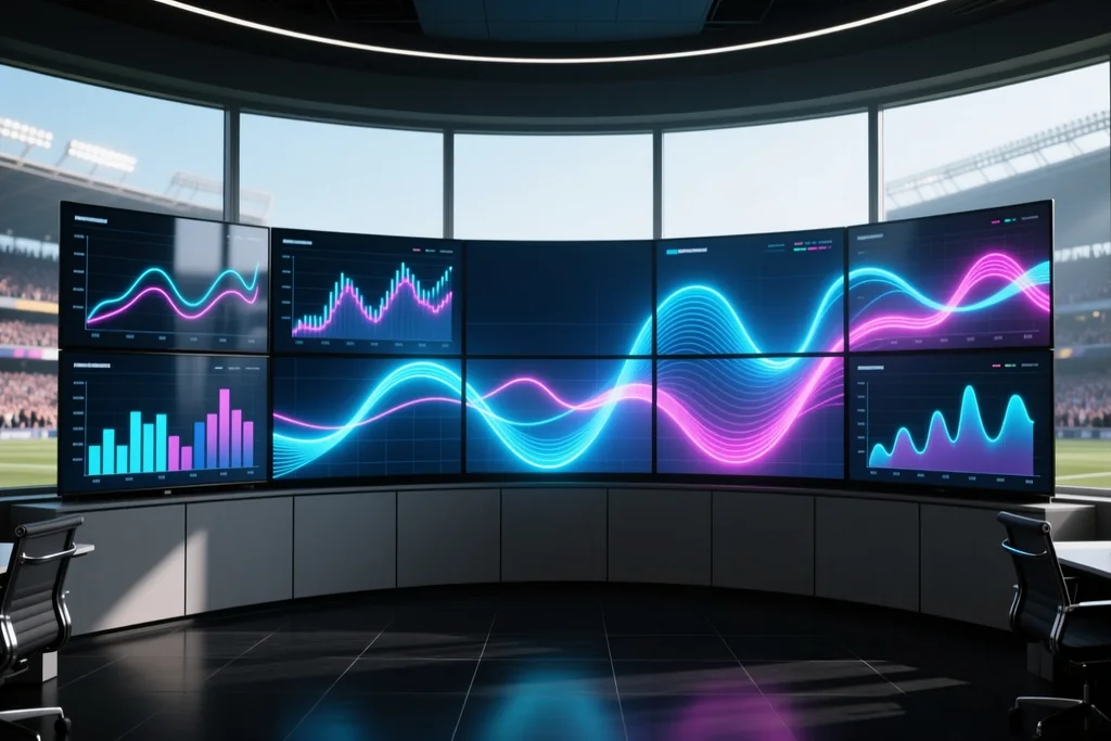 Dark analytics room with screens showing glowing data lines and scatter plots