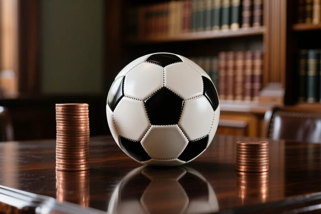 Two stacks of coins of different heights on a polished table with a football between them