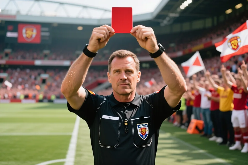 Referee holding a red card high against a blurred crowd