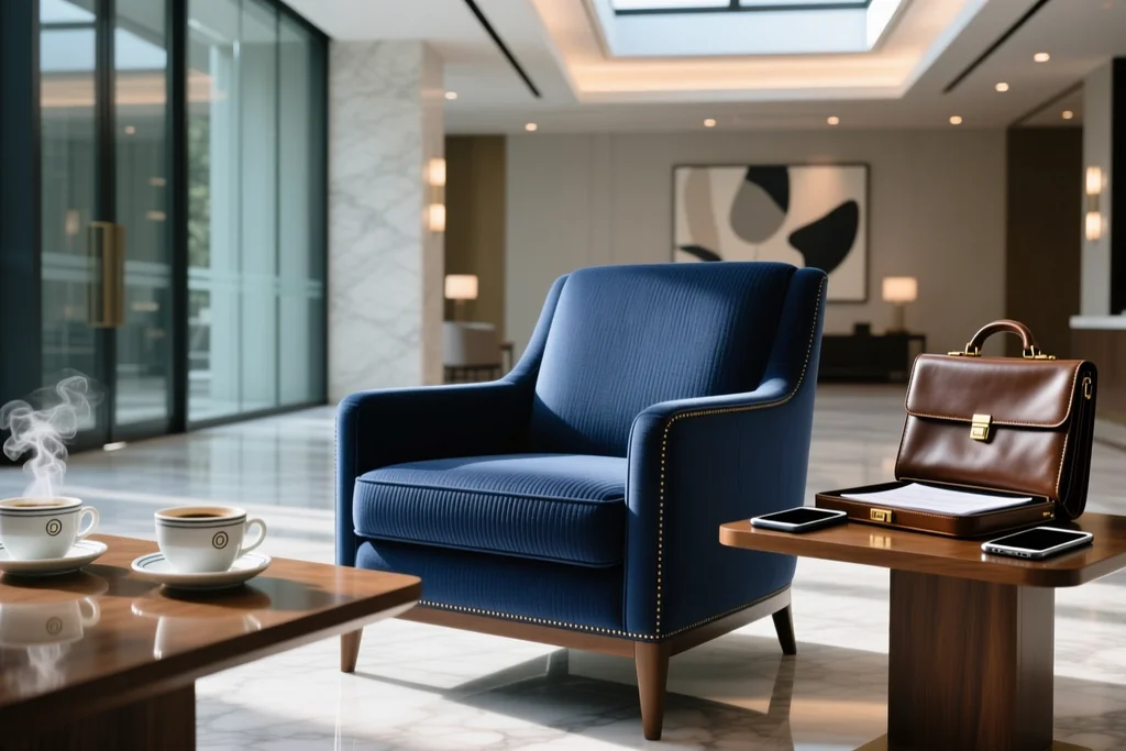 Hotel lobby armchair with a briefcase and a smartphone on a low table