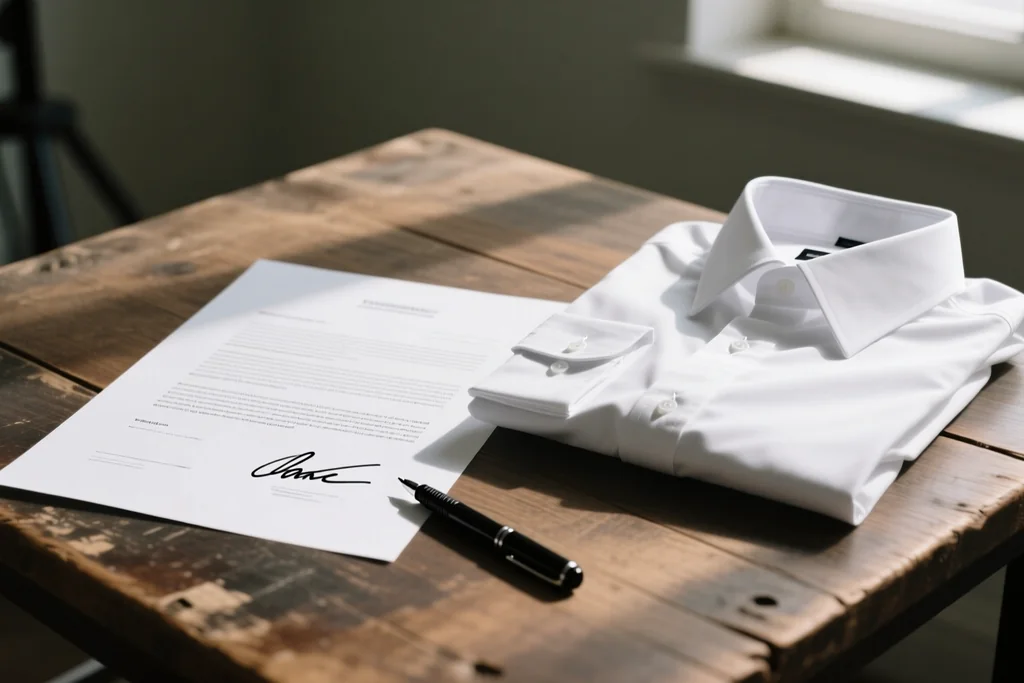 Signed contract with a pen on a wooden desk beside a folded plain shirt