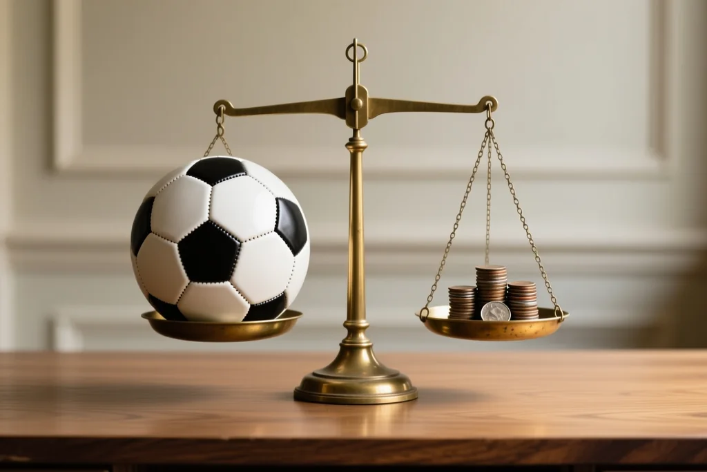 Balance scale with a football on one pan and a stack of coins on the other