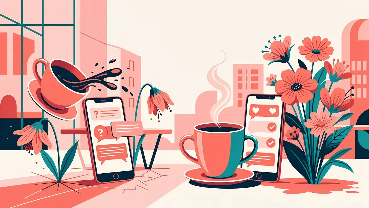 Couple sitting at a café table reviewing phone messages together, one looking concerned and the other smiling warmly