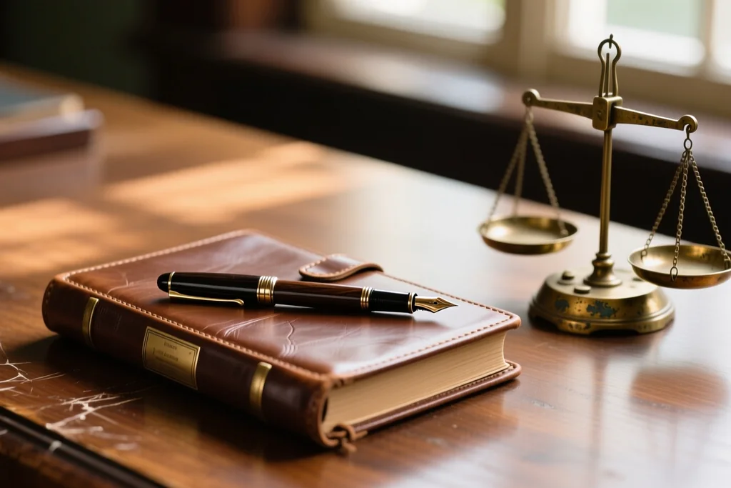 Fountain pen resting on a closed legal folder beside a small brass scale on a desk