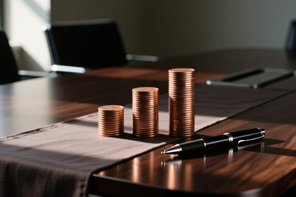 Three ascending columns of coins on a dark meeting table beside a pen