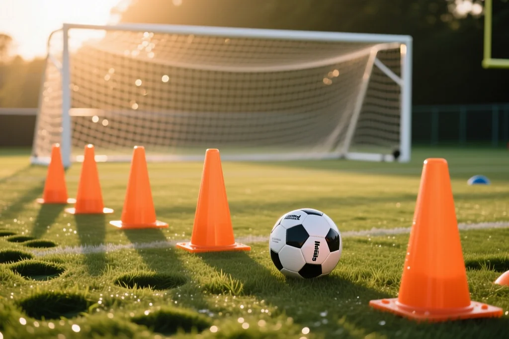 Training cones and a ball on a club training pitch with a goal net behind