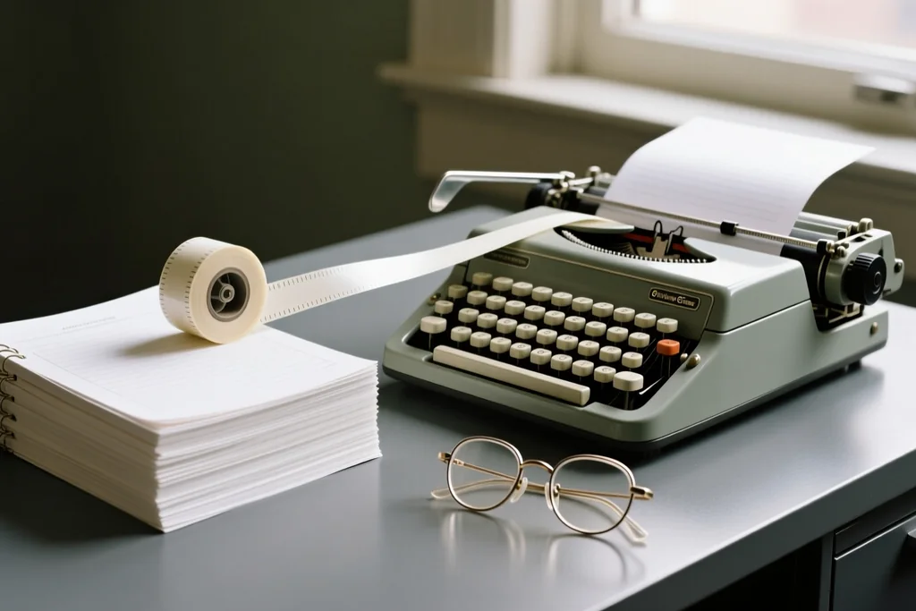 Adding machine tape curling beside printed ledgers and reading glasses on a graphite desk