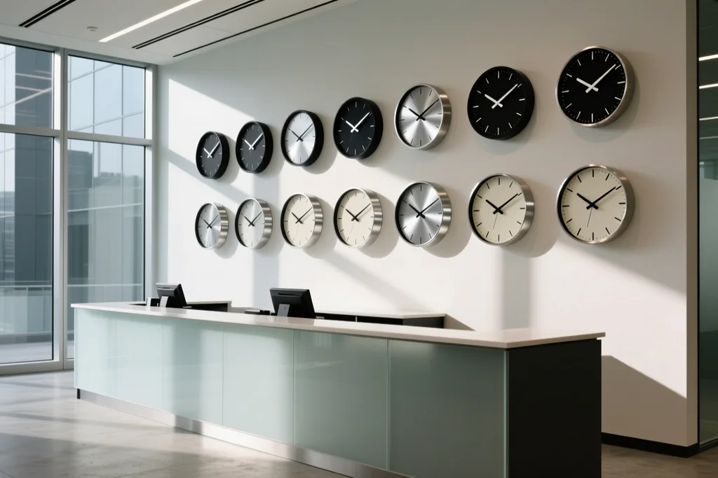 Wall of hanging clocks above a service counter in a modern league office