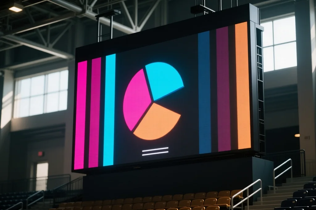 Stadium scoreboard screen showing abstract bars and a pie slice in the dark