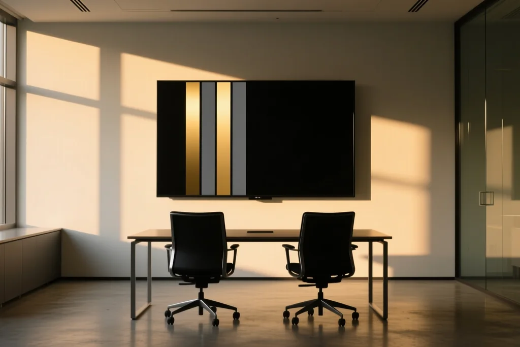 Bar chart of gold and graphite columns on a screen in a dim boardroom