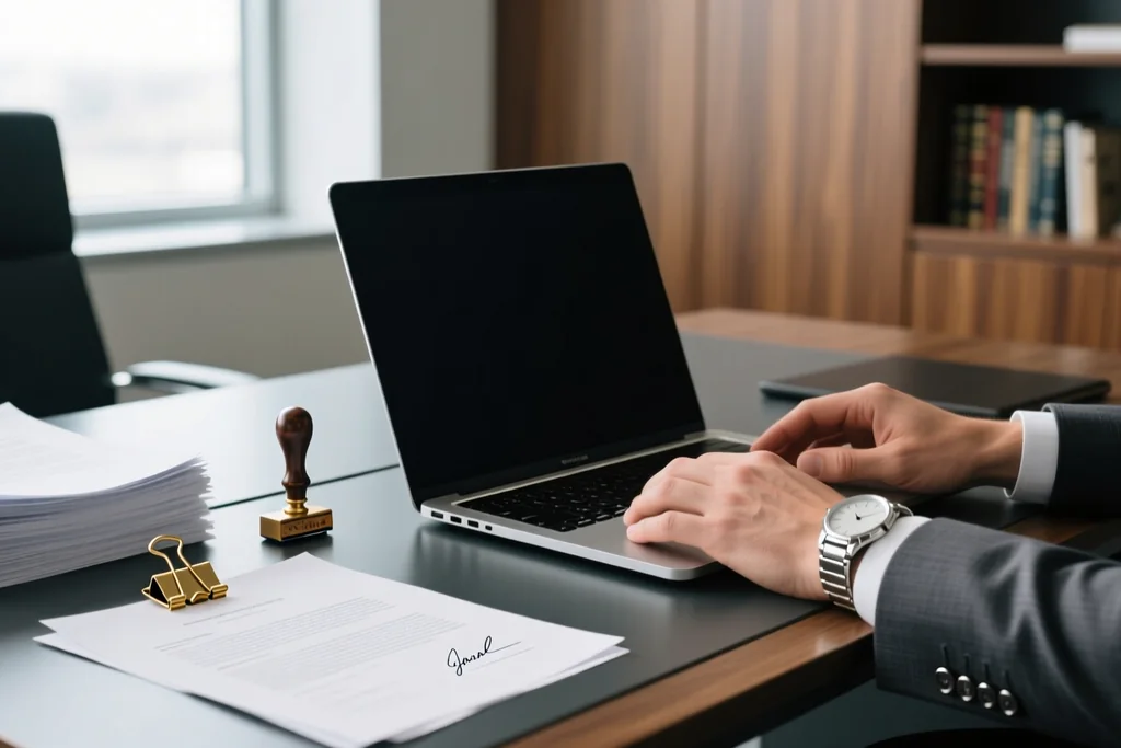 Transfer documents and stamps on a desk beside a laptop