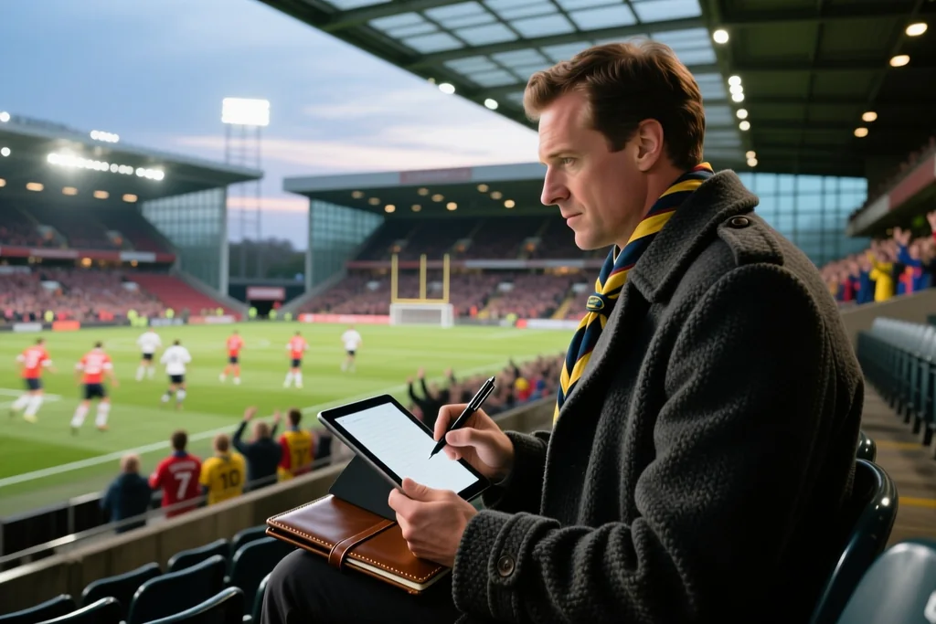 Scout with a tablet watching a match from the stands