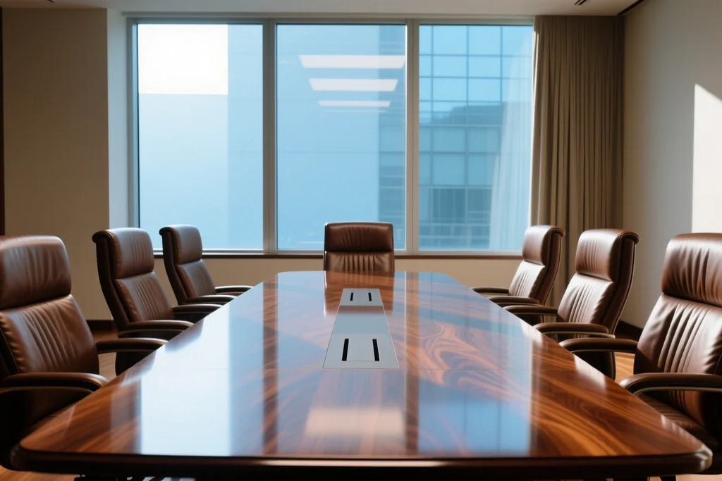 Old courtroom style conference room with a long table