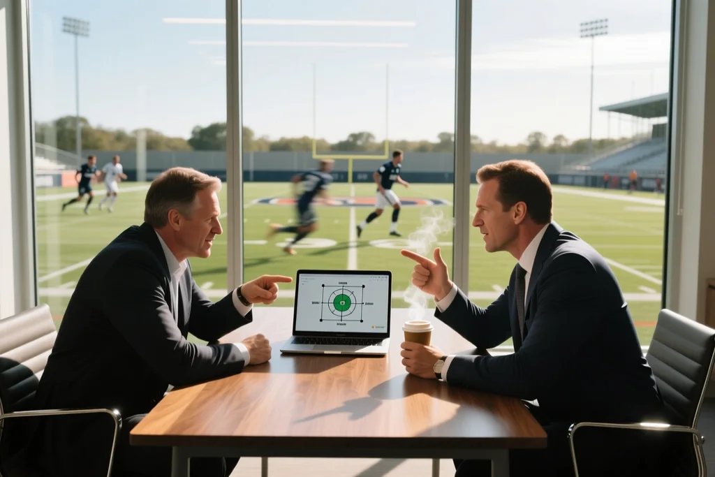 Sporting director and agent talking across a table with a laptop