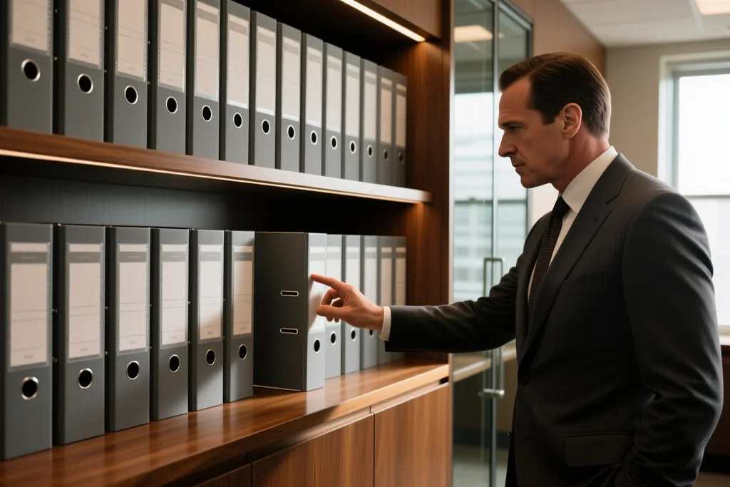 Archive of regulation binders on a shelf in a club office