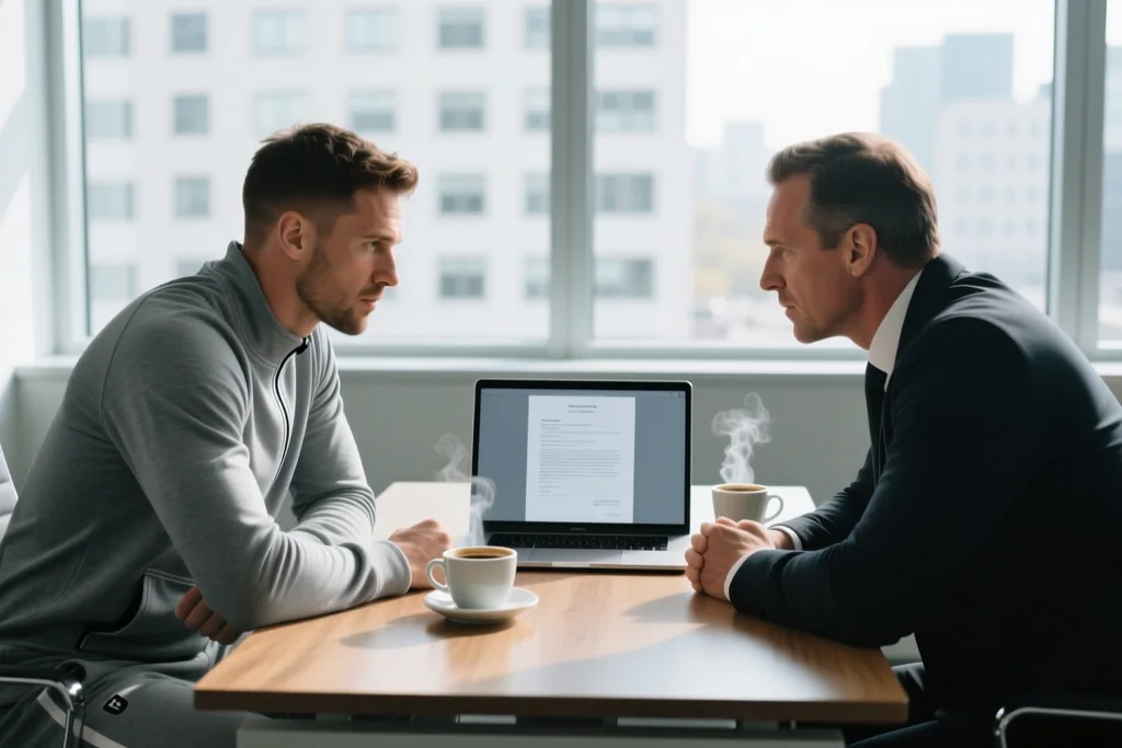 Player and agent negotiating at a table with a laptop and coffee