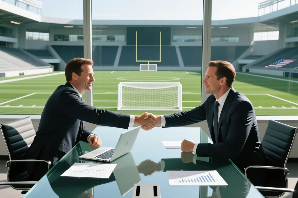 Two club executives shaking hands across a meeting table with laptops open