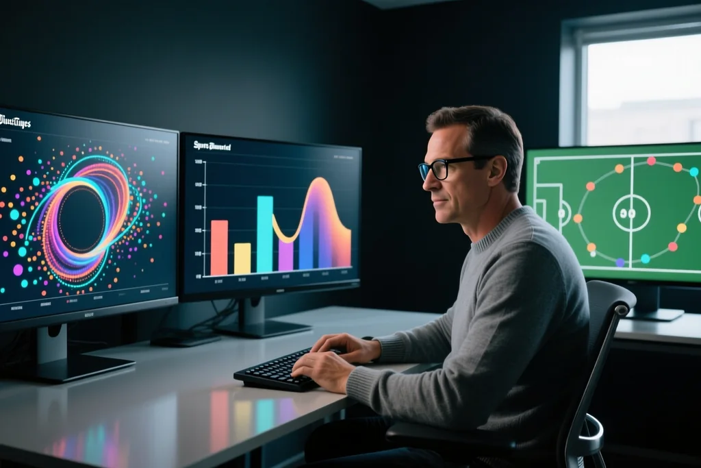 Analyst studying player value charts on multiple monitors