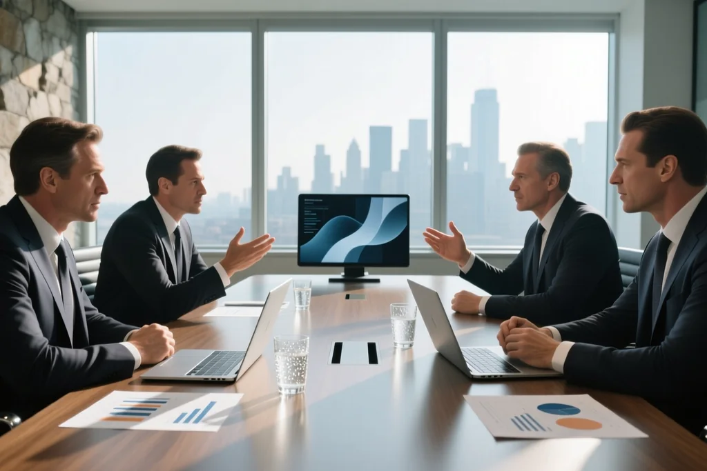 Negotiating table with two laptops and printed charts