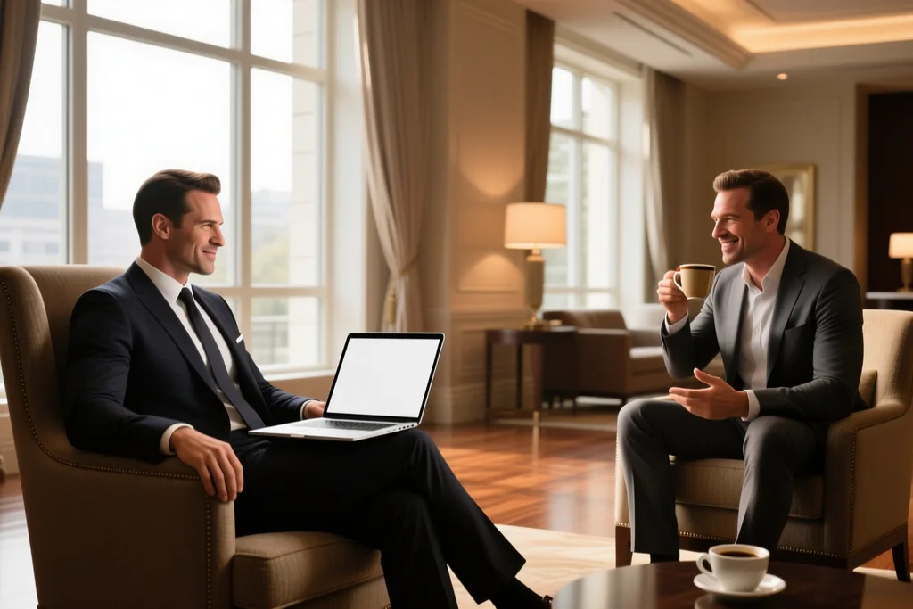 Agent and club director in a hotel lobby meeting with a laptop