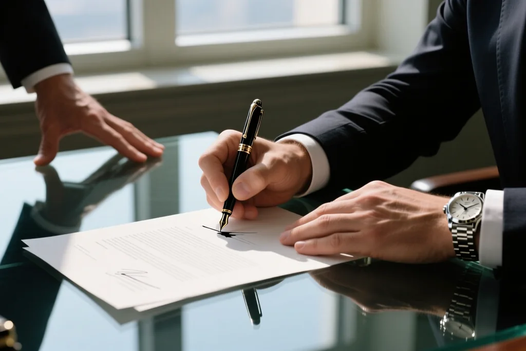 Footballer signing a contract at a club desk with club officials
