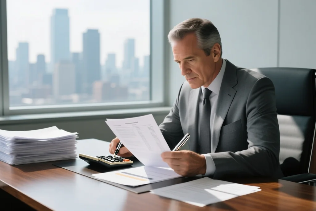 Financial auditor checking documents at a desk with a calculator