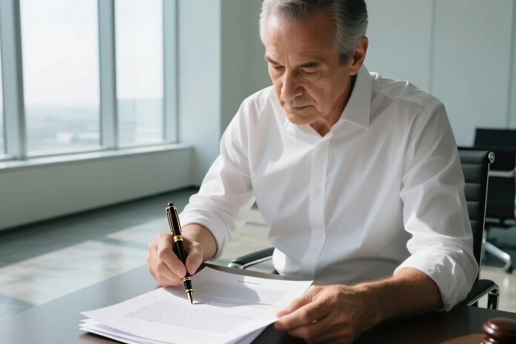 Lawyer reviewing a contract with a fountain pen in a bright office