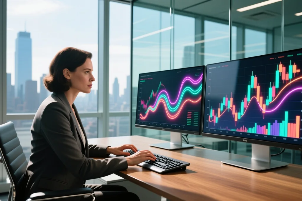 Finance analyst working at a desk with two monitors showing unreadable charts