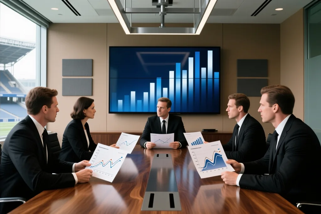 Club board meeting in a stadium boardroom with charts on the wall